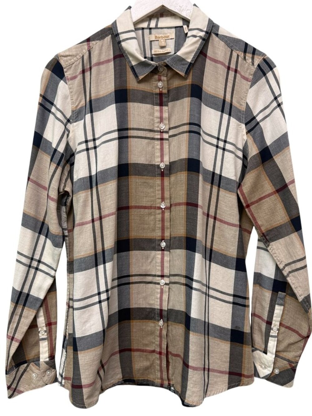 Barbour Bredon Plaid Shirt Small Sz 8 Navy Tan Buttonup Womens Preppy Equestrian